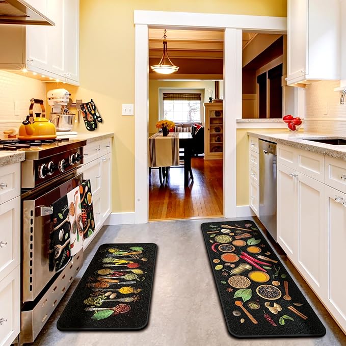 Fourluoo 10 Pcs Farmhouse Kitchen Decor and Accessories Set 4 Kitchen Towels 2 Pot Holders 2 Oven Mitts 2 Rugs for Cooking Baking Mom Housewarming Gifts(Vivid Color,Colorful Spices)