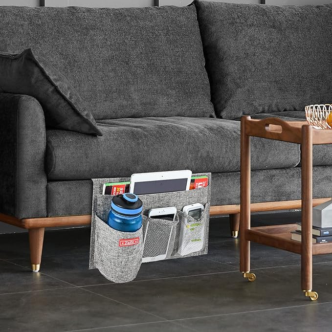 Linen 4 Pockets Bedside Caddy, Bedside Storage Organizer with Water Bottle Holde for Magazine, Remotes, Phone (Grey)