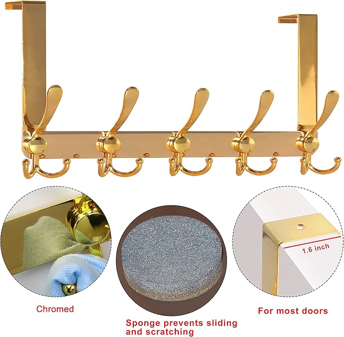 Dseap Over The Door Hook Hanger - Fits 1 3/8" to 1 3/4" Standard Doors | 5 Tri Hooks Heavy Duty Towel/Coat Rack | Door Organizer for Clothes, Jackets, Hats, Towels, Gold, Pack of 2
