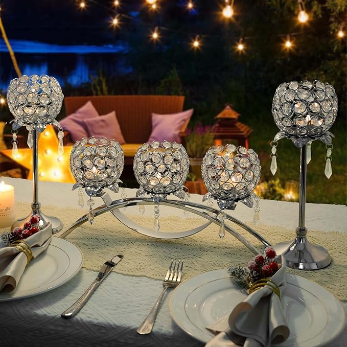 Set of 3 Gold Crystal Tea Light Candlestick Holders Flower Shape with Crystal Pendant Bowl Votive Metal Candle Holder for Table Centerpieces Wedding Home Decor (Set of 3, Silver)