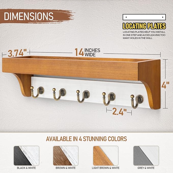 Rebee Vision Key and Mail Holder for Wall with Floating Shelf : 14 Inches Decorative Hanging Organizer with 5 Sturdy Keys Hooks and Wall Mount Key Rack - Farmhouse Entryway Decor (Light Brown & White)