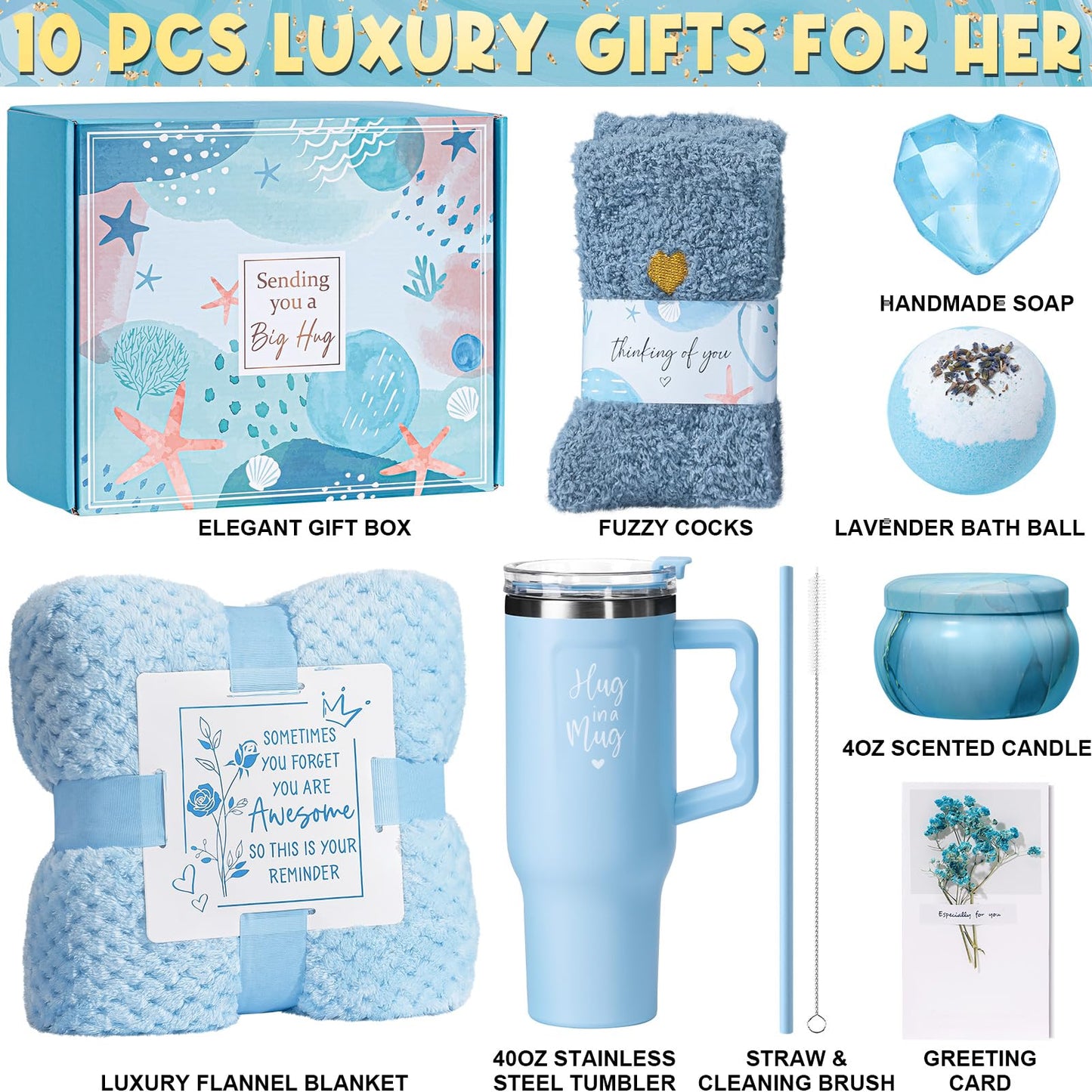 Birthday Gifts for Women Self Care Gifts Get Well Soon Gifts, Ocean Relaxing Spa Gifts Basket Care Package w/ Flannel Blanket 40 OZ Tumbler, Mothers Day Gifts for Mom Her Wife Girlfriends Sister Wife