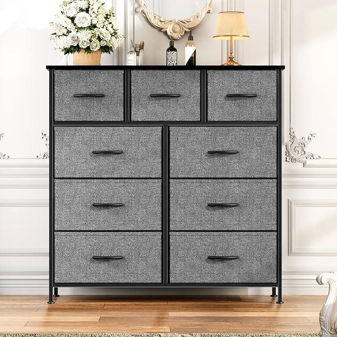 OLIXIS Dresser for Bedroom, 9 Storage Drawers, Tall Large Fabric Storage Tower Organizer, Chest of Drawers with Metal Frame Wooden Top for Nursery, Closet, Living Room, Entryway, Classic Grey