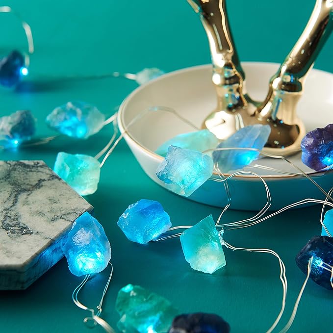 Natural Fluorite LED String Lights for Bedroom 6.5 FT USB/Battery Operated Blue Fairy Lights Sea Glass Crystal Decor Perfect Decorative Light for Bedroom Sea Glass Christmas Tree Kit
