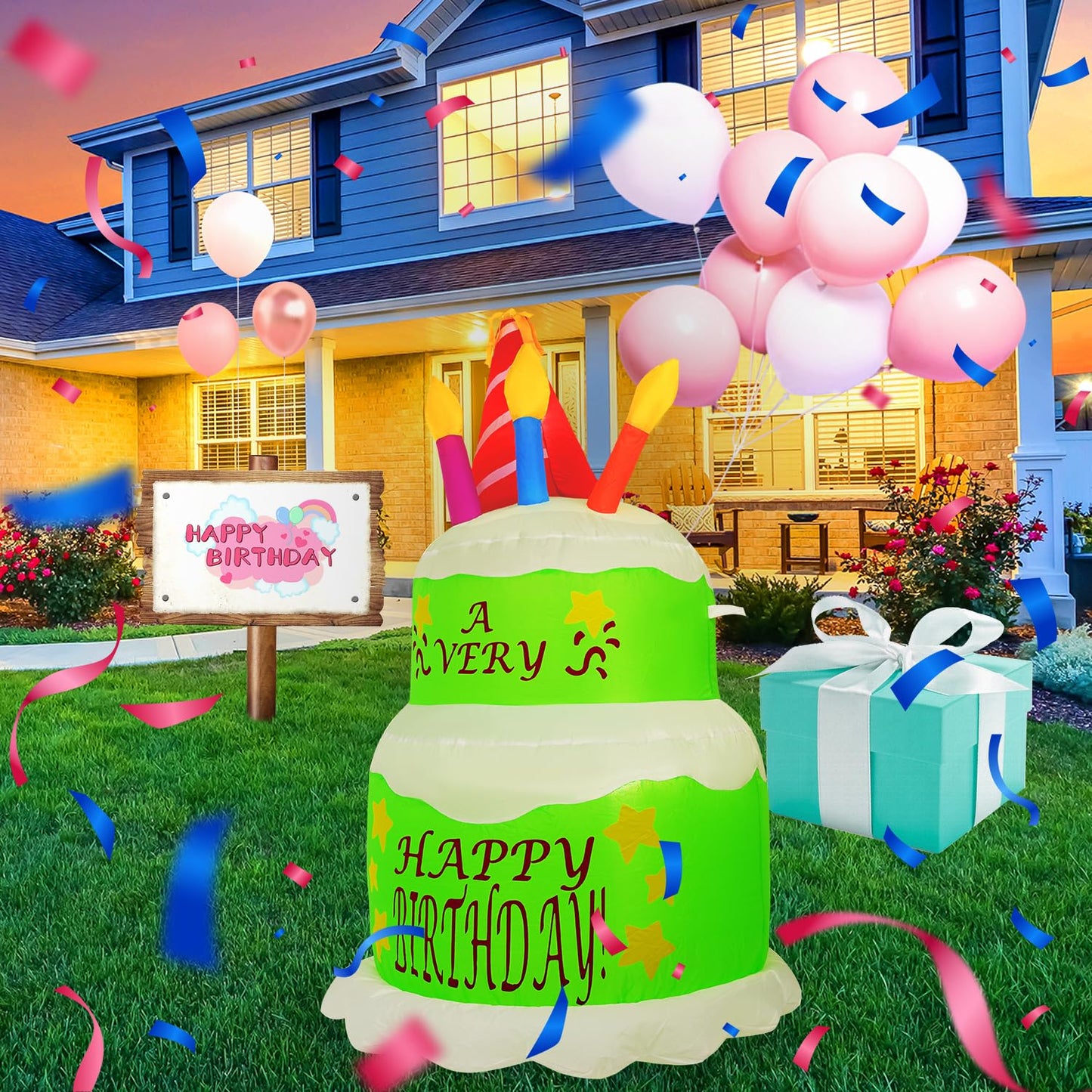 HZGDEJTG 4FT Birthday Cake Birthday Party Outdoor Inflatable Decoration, Outdoor Inflatable Decoration with LED Lights, Birthday Inflatable Decoration for Garden, Patio, Lawn