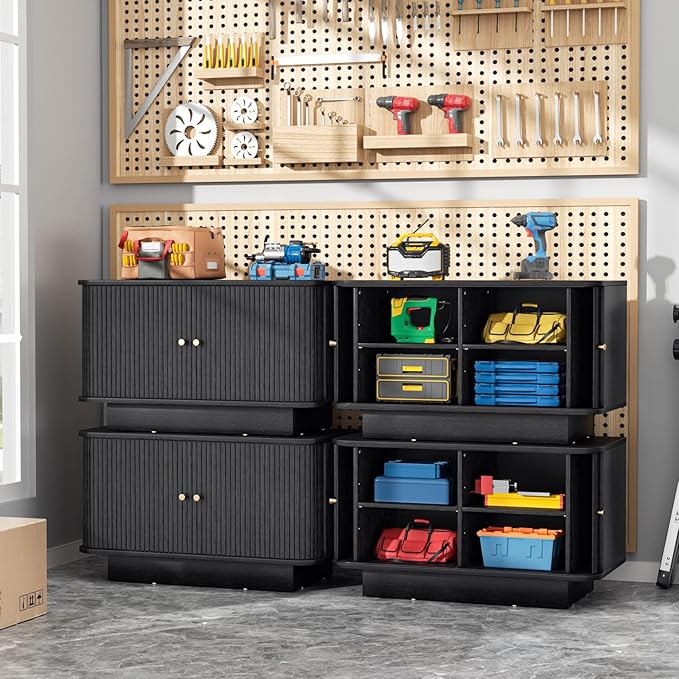 63" W Small Shoe Storage Bench, Shoe Bench Entryway with Sliding Doors and Adjustable Shelvs, Wooden Low Cabinet for Hallway, Living Room, Bedroom, Apartment, Dorm, Mudroom, Garage, Black, 2PCS