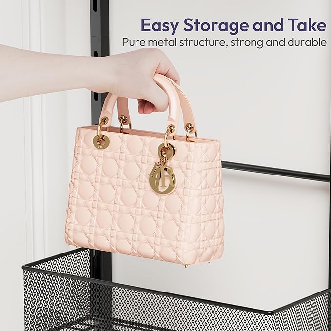 SWTYMIKI Over The Door Purse Organizer - Wall Mounted Purse Rack with 4 Adjustable Metal Basket and 6 Hooks, Hanging Bag Rack for Handbag Organizer, Bag Storage Can Use As 1/2 Part, for Door, Closet