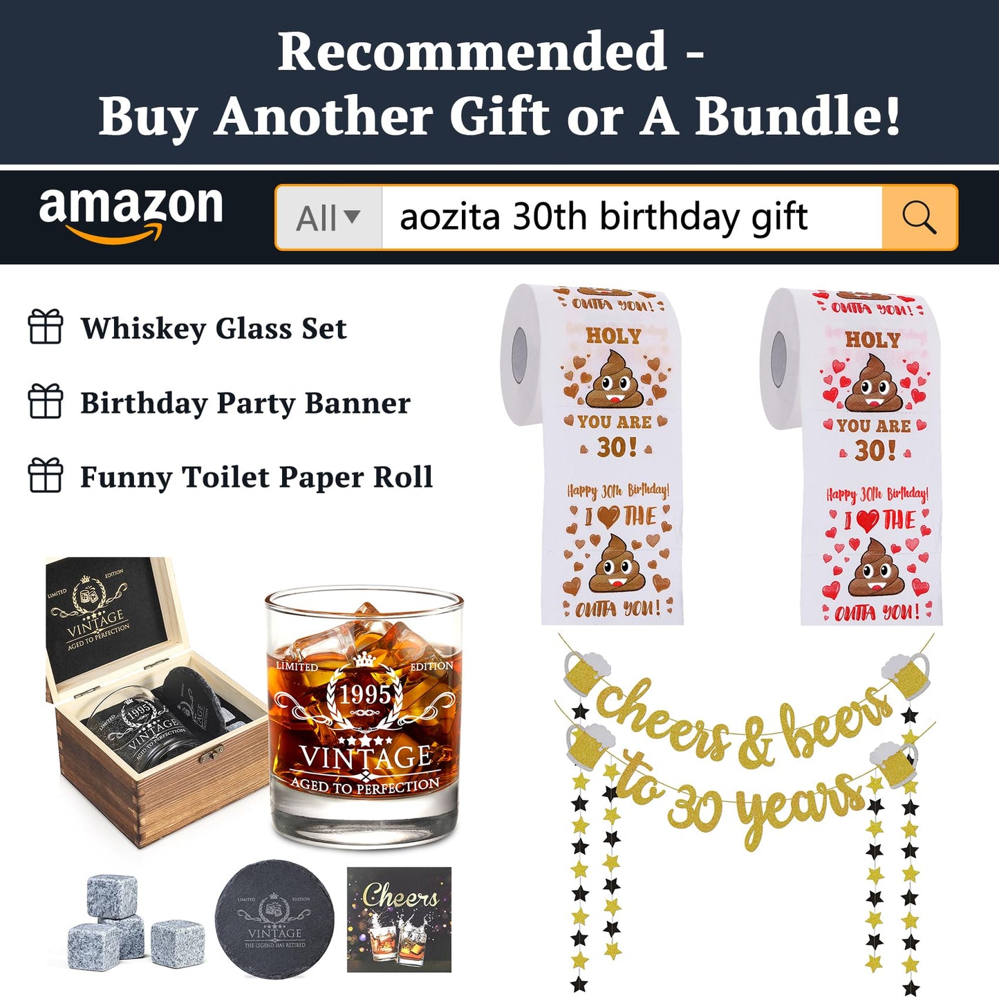 30th Birthday Gifts for Men Whiskey Glass Set - 30th Birthday Decorations, Party Supplies - 30 Year Anniversary, Bday Gifts Ideas for Him, Dad, Husband, Friends - Wood Box & Whiskey Stones & Coaster