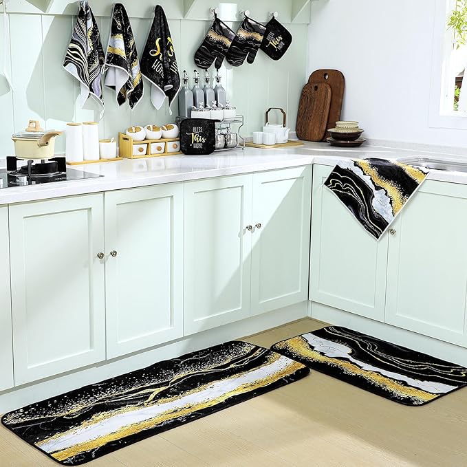 Fourluoo 10 Pcs Marble Farmhouse Kitchen Decor Accessories Set Marble Kitchen Dish Towels Rugs Oven Mitts and Pot Holders Sets for Cooking Baking(Black Gold,Modern)