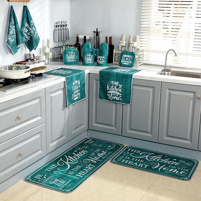 Fourluoo 10 Pcs Farmhouse Kitchen Decor and Accessories Set 4 Kitchen Towels 2 Pot Holders 2 Oven Mitts 2 Rugs for Cooking Baking Mom Housewarming Gifts(Light Blue,Classic Style)