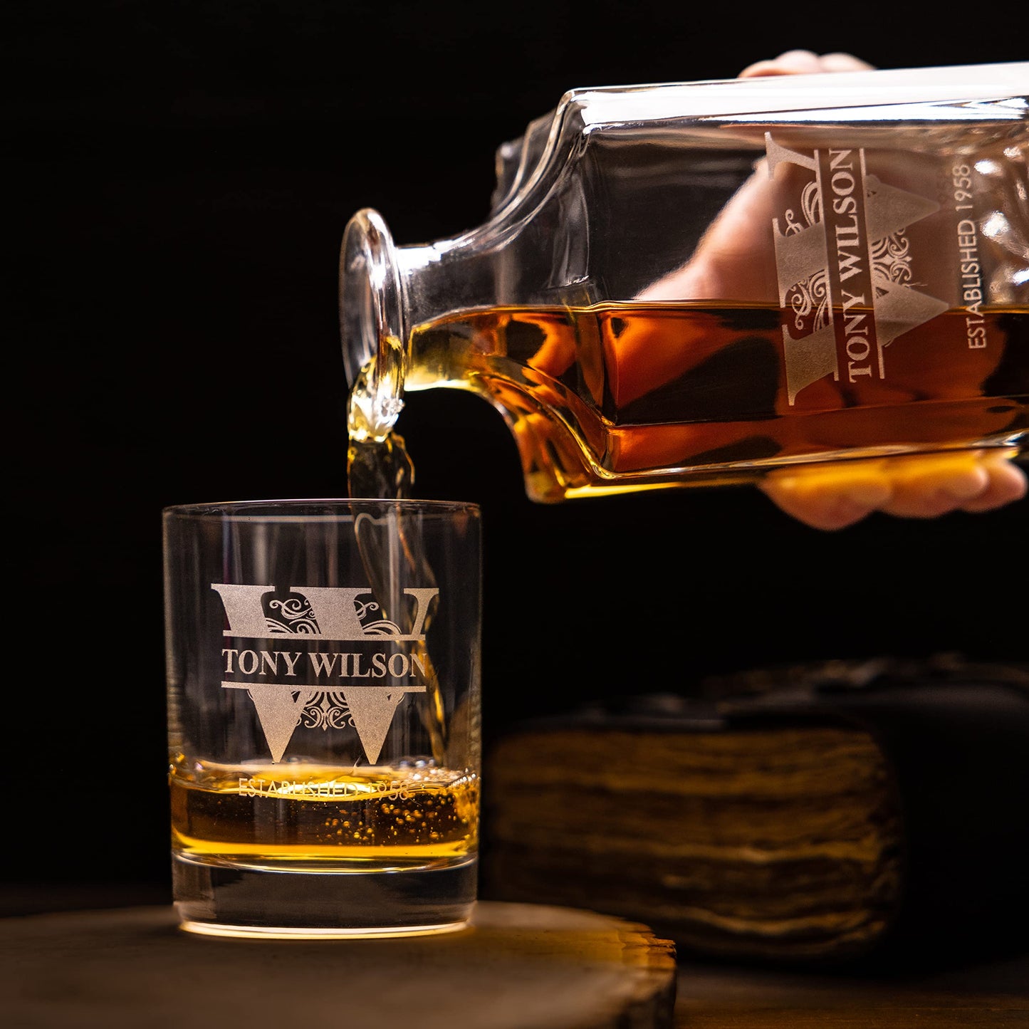 Gifts Inscribed Personalized Whiskey Decanter Set - Engraved Whiskey Decanter Bottle & Set of 2 Custom Drinking Glasses Laser Etched - Customized Whisky Gift for Wedding, Birthday, Fathers Day