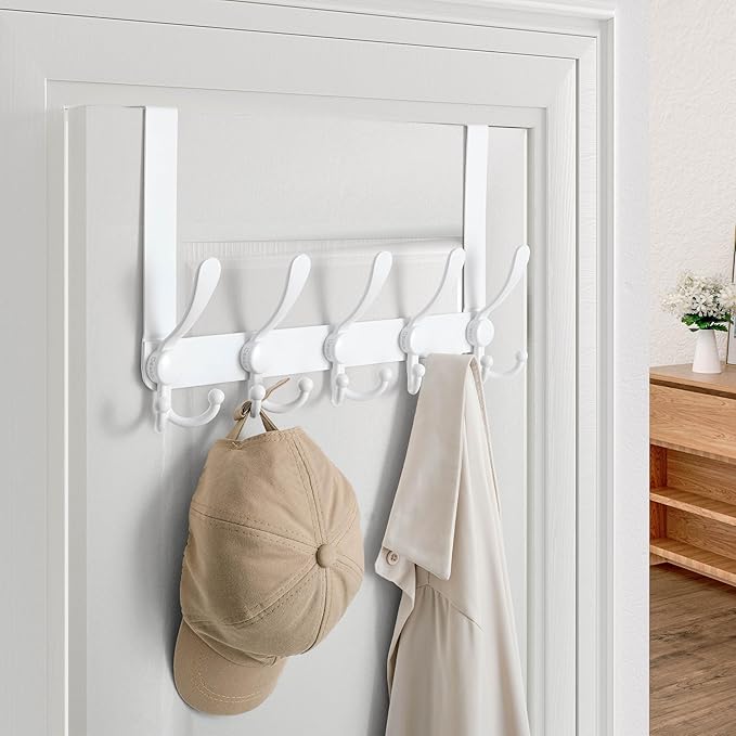 Dseap Over Door Hook 2.0 - Upgraded Version - Simple-Assembly, Strong, Heavy-Duty Stainless Steel 5-Tri-Hook Over The Door Hanger Rack, SimpleStrong Series, White