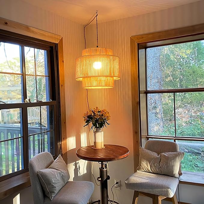 Plug in Pendant Light Hanging Lights with Plug in Cord Hanging Lamp Boho Rattan Dimmable Wicker Bamboo Woven Shade Hemp Rope Ceiling Light Fixture for Living Room Bedroom Kitchen