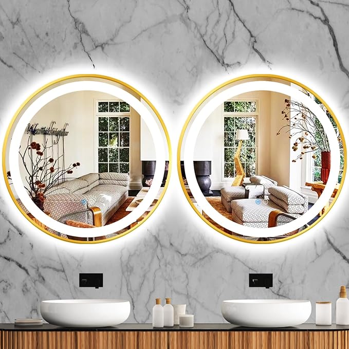 36 Inch Gold Round Vanity Mirror with Lights Gold Frame Round Lighted mirror for Bathroom Salon Wall Makeup 36 Inch Large Golden Circle Round LED Mirrors Smart Memory 3 Color Dimmable AntiFog