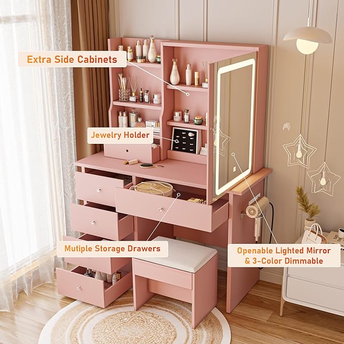 DYHOME Makeup Vanity Desk with LED Lights Mirror 3 Adjustable Modes and Power Outlets, Vanity Table with 6 Drawers Dresser and Bench, Makeup Desk for Bedroom Dressing Room, Pink