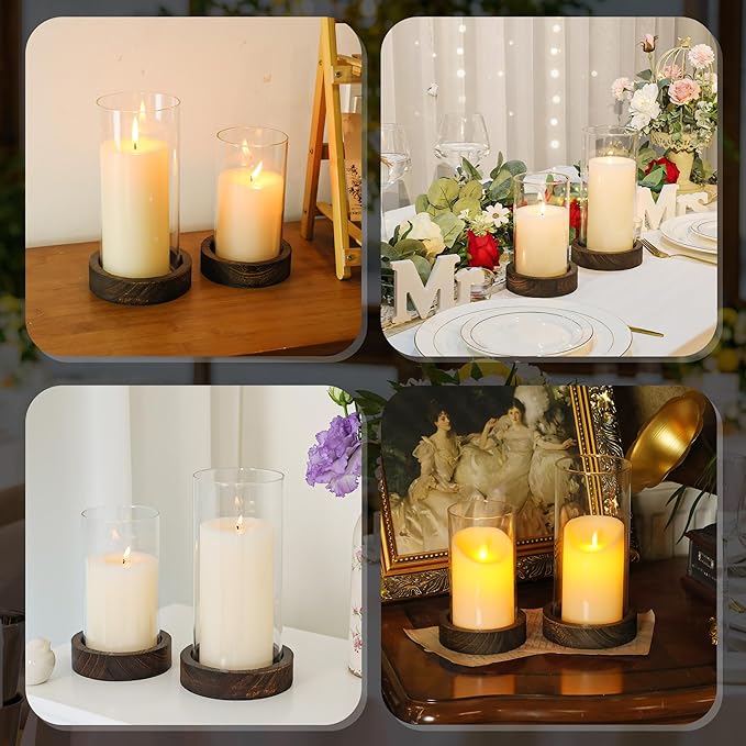 Set of 2 Hurricane Candle Holders with Wood Base & Glass Cylinder (4.2x5.9” & 4.6x7.8”) – Rustic Wooden Candle Holders for Home Decor, Weddings, Table Centerpieces