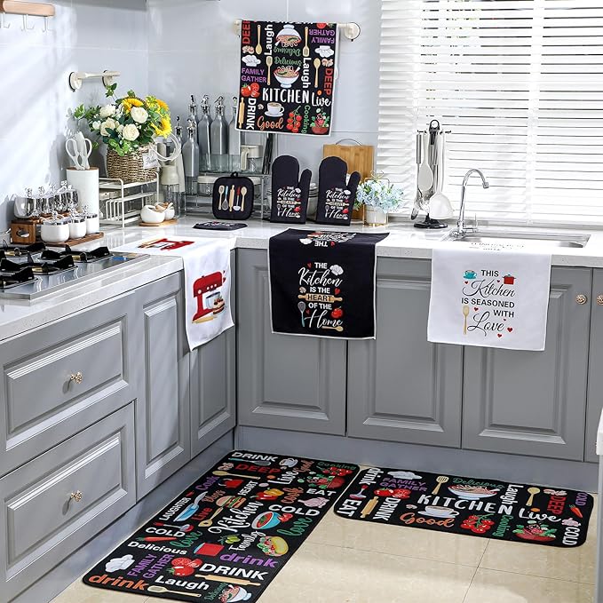 Fourluoo 10 Pcs Farmhouse Kitchen Decor and Accessories Set 4 Kitchen Towels 2 Pot Holders 2 Oven Mitts 2 Rugs for Cooking Baking Mom Housewarming Gifts(Bright Color, Novel Style)