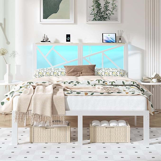 Full White Metal Bed Frame with USB Charging Station, LED Ambient Lighting, and Wooden Storage Headboard - Includes Under-Bed Storage, No Box Spring Needed, Noise Free, Easy to Assemble