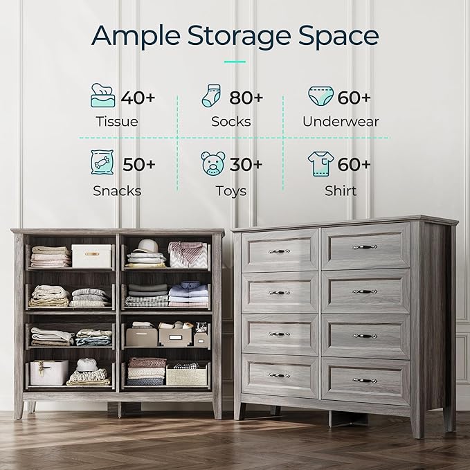 LINSY HOME Farmhouse 8-Drawer Dresser - Grey Chest of Drawers for Bedroom and Living Room Organization, Wood Dresser with Ample Storage Space and Rustic Charm