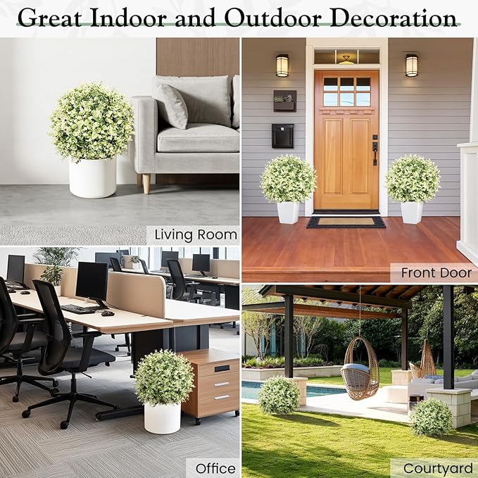 Lewondr Artificial Boxwood Topiary Ball Trees, 22.83'' Fake Plants Outdoor with Ground Spike, Set of 2 UV and Fade Resistant Faux Greenery Shrubs for Outdoor Indoor Front Porch Garden, Gradient White