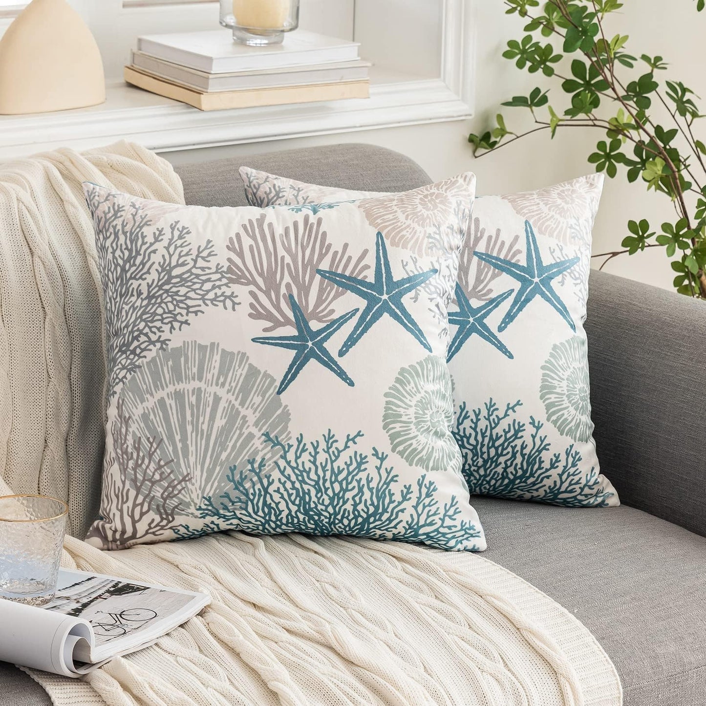 Tritard Nautical Coastal Throw Pillow Covers 18x18 Set of 2 Beach Themed Ocean Seashell Coral Starfish Velvet Couch Decorative Pillow Cases Outdoor Sofa Cushion Cover for Bedroom Living Room, Blue