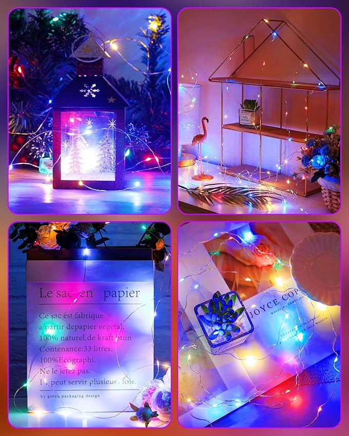 2 Pack Fairy Lights Battery Operated, String Lights Waterproof Silver Wire 5 Feet 60 Led Firecracker Starry Lights for DIY Wreath Wedding Party Bedroom Mason Jar Holiday Christmas Decor, Multicolor
