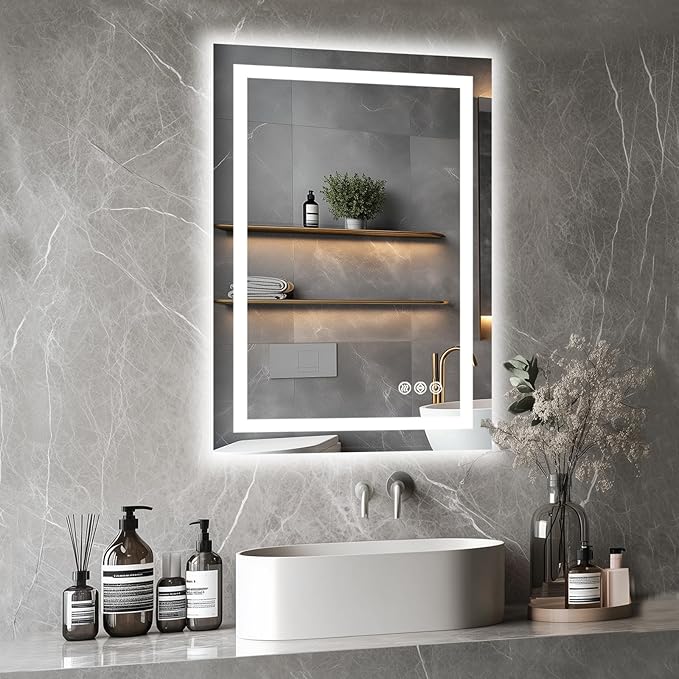 LED Bathroom Mirror, 24"x36" with Frontlit and Backlit Anti-Fog Mirror with Lights LED Vanity Mirror for Bathroom 3 Colors Temperature & Dimmable Bathroom Mirror with HD Tempered Glass