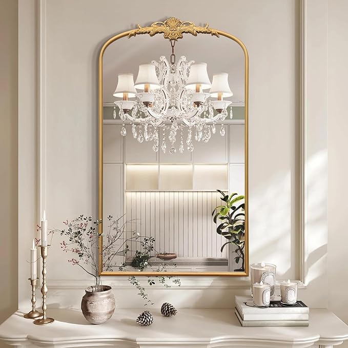 Besdomus Large Vintage Arched Mirror: 24"x42" Arch Gleaming Gold Antique Wall Mounted Mirror - Traditional Ornate Home Decor for Entryway/Fireplace/Bathroom - Idea for Trendy Fashionistas