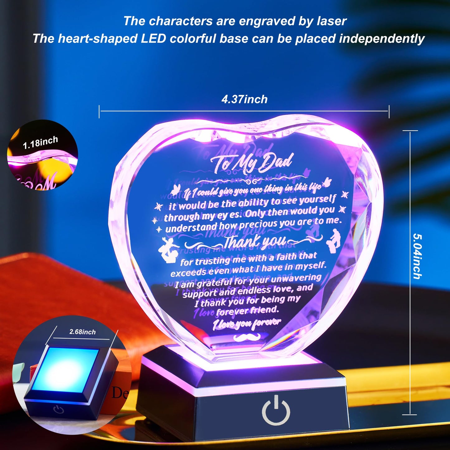 Ghtixsu Gifts for My Dad from son and daughter, thank you for the gift, laser engraved heart-shaped crystal souvenirs prepared for dad's birthday, Father's Day, Christmas and Valentine's Day
