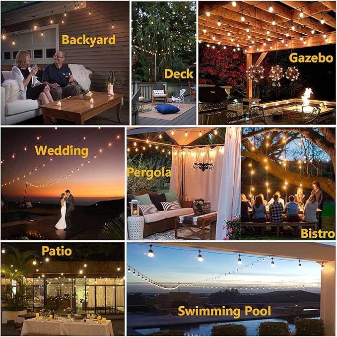 Outdoor String Lights for Outside LED 150 FT Shatterproof Patio Lights with 50 Waterproof Bulbs for Outdoor Backyard Bistro Gazebo Lights, 2-Pack