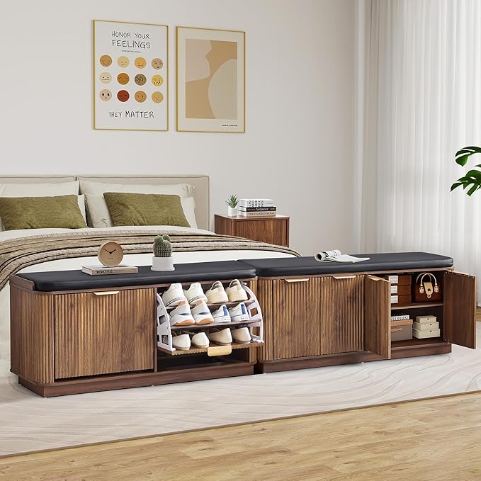43.3''W Fluted Entryway Shoe Storage Bench with 4 Doors and Adjustable Shelf, 2-Tier Entry Bench Seat with Shoe Storage and Cushion, Shoe Cabinet Bench for End of Bed, Foyer, Hallway -Walnut