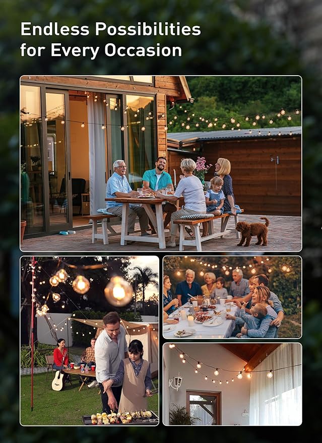 Outdoor String Light 50Feet G40 Globe Patio Lights with 52 Edison Glass Bulbs(2 Spare), Waterproof Connectable Hanging Christmas Lights for Backyard Porch Balcony Party Xmas Decor, E12 Socket, Black