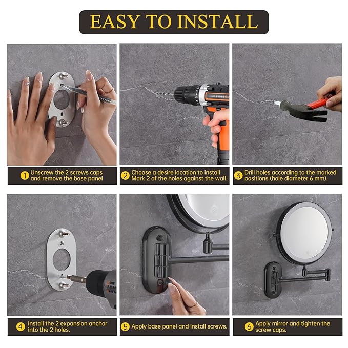 FUNTOUCH 20X/3X Rechargeable Wall Mounted Makeup Vanity Mirror with Lights, Double Sided Magnifying Wall Mount Mirror,3 Color Lighting, Touch Screen Dimming,Extension Arm 360 Rotation Wall Mirrors