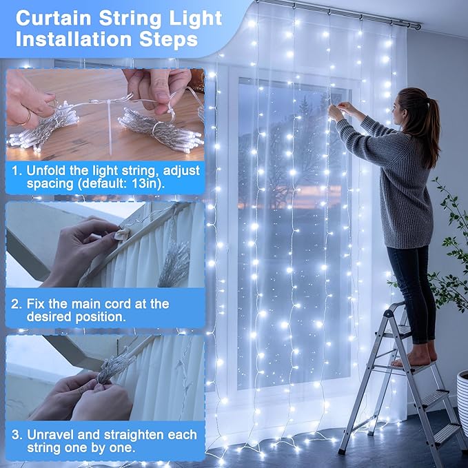 JMEXSUSS 300 LED 9.8x9.8Ft Curtain Lights Indoor with Remote, White Christmas Lights Plug in, 8 Modes White String Lights for Bedroom Wall Wedding Reception Dorm Party Backdrop Window Outdoor Decor