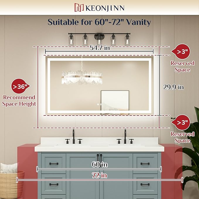 Keonjinn LED Bathroom Mirror 55 ” x 30 ” with Frontlit & Backlit, Lighted Mirror for Bathroom Wall with Dimmable 3-Color Lights, Anti-Fog Mirror with HD Tempered Glass, UL-Listed LED Driver