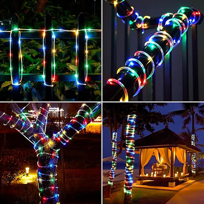 Solar Rope Lights, 33ft 100LED Solar String Lights, 8 Modes Waterproof Solar Powered Outdoor Light, Flexible Clear Tube Light for Garden, Backyard, Patio, Deck, Porch, Pool, Tree Decor - Multicolor