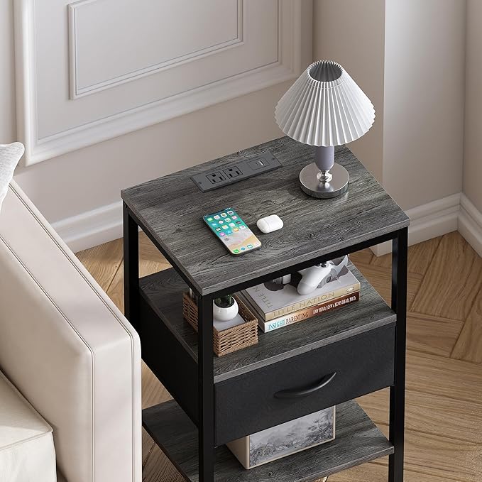 SUPERJARE Nightstand with Charging Station, Bed Side Table with Adjustable Fabric Drawer, Night Stand for Bedroom, 3-Tier Storage End Table, for Living Room, Charcoal Gray