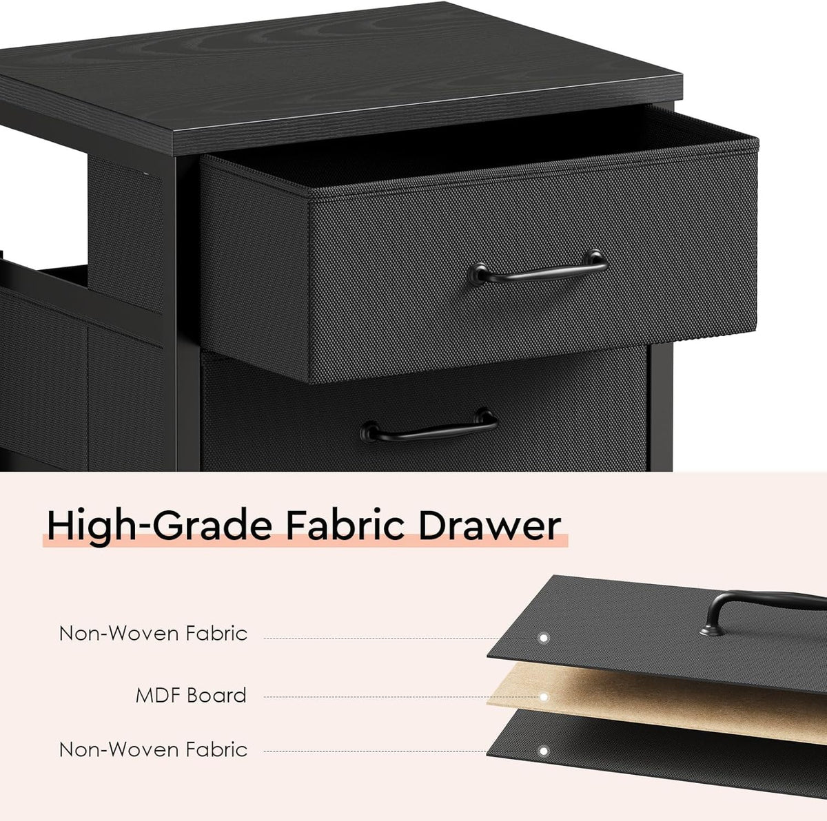 3 Drawer Mobile File Cabinet with Wheels Fabric Vertical Filing Cabinet fits A4 or Letter Size for Home Office,Black