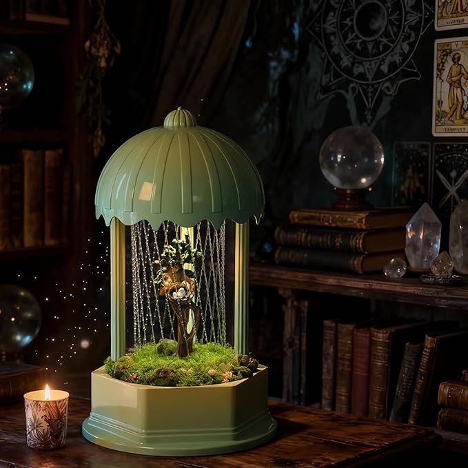 Forest Series Tree Mother Oil Rain Lamp – Gradient Green Sculptural Mood Light & Mossy Display Stand, Healing Nature Goddess Decor with Spirit Birds & Aroma Diffuser (Complete Set)