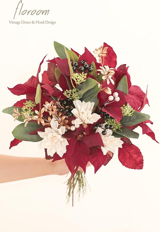 Floroom Artificial Greenery Stems Box Set, 41pcs with 7 Kinds of Faux Greenery Flowers Picks for DIY Bridal Bouquets Wedding Floral Arrangement Table Centerpieces, Marsala & Ivory