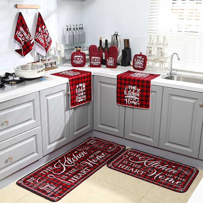 Fourluoo 10 Pcs Farmhouse Kitchen Decor and Accessories Set 4 Kitchen Towels 2 Pot Holders 2 Oven Mitts 2 Rugs for Cooking Baking Mom Housewarming Gifts(Red White,Classic Style)