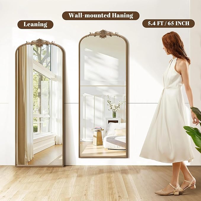 Besdomus Vintage Mirror Full Length: 21"x56" Gold Arched Full Body Mirror - Floor Antique Baroque Traditional Ornate for Entryway/Cloakroom/Bedroom/Living Room - Home Decor for Fashion-Conscious