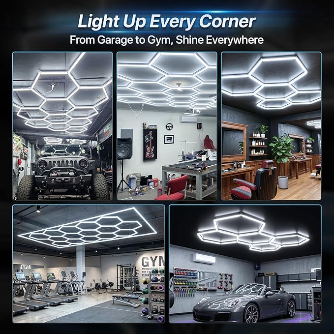 HYPERLITE Gen 2 Hexagon Garage LED Light, Upgraded 3 Level Dimmable 322W 32200LM Super Bright Garage Detailing Lights, 11 Grids Hex Shop Lights, Hexagon LED Lights for Basement, Gym, Shop