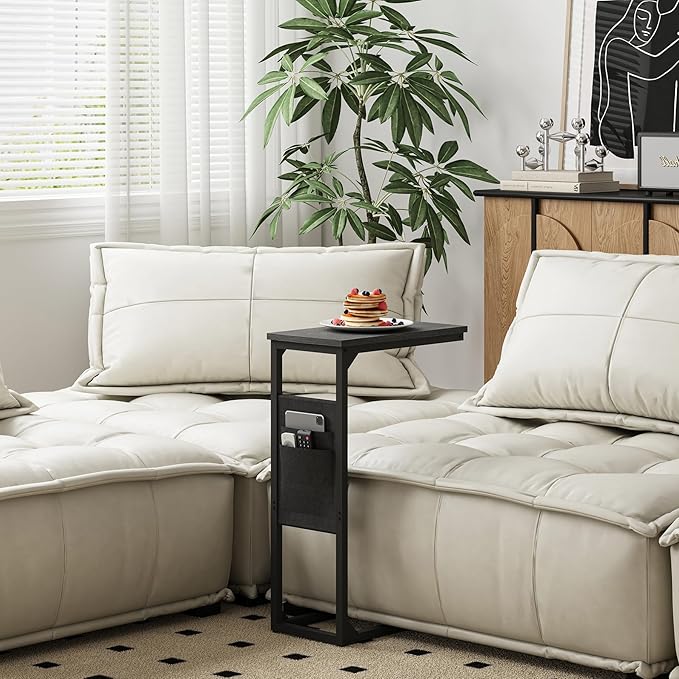 TUTOTAK C Shaped End Table, Side Table for Couch, Sofa Table with Storage Bag, TV Tray for Living Room, Bedroom, Black TB01BK0822