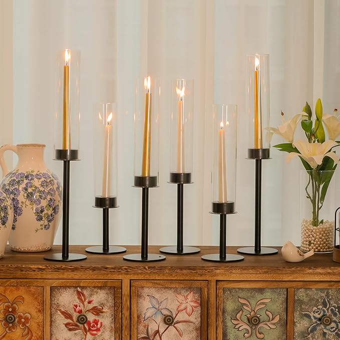 Hurricane Candle Holders Metal Candlestick Holder for Glass Taper Tall Candle Holders with Crystal Chimney Tube Candles Stands for Home Decor, Christmas, Dinning (18, Black)