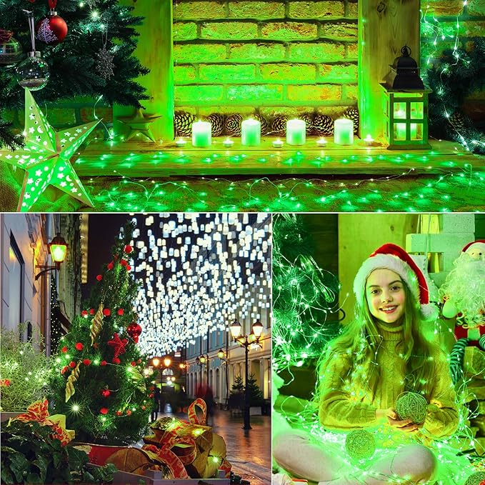 LAMPHOME 100 LED Green St Patrick's Day Fairy Lights Battery Operated, Copper Wire Starry String Lights, 32.5Ft Multi Functions & Timer with Remote for St Patrick's Day Decorations