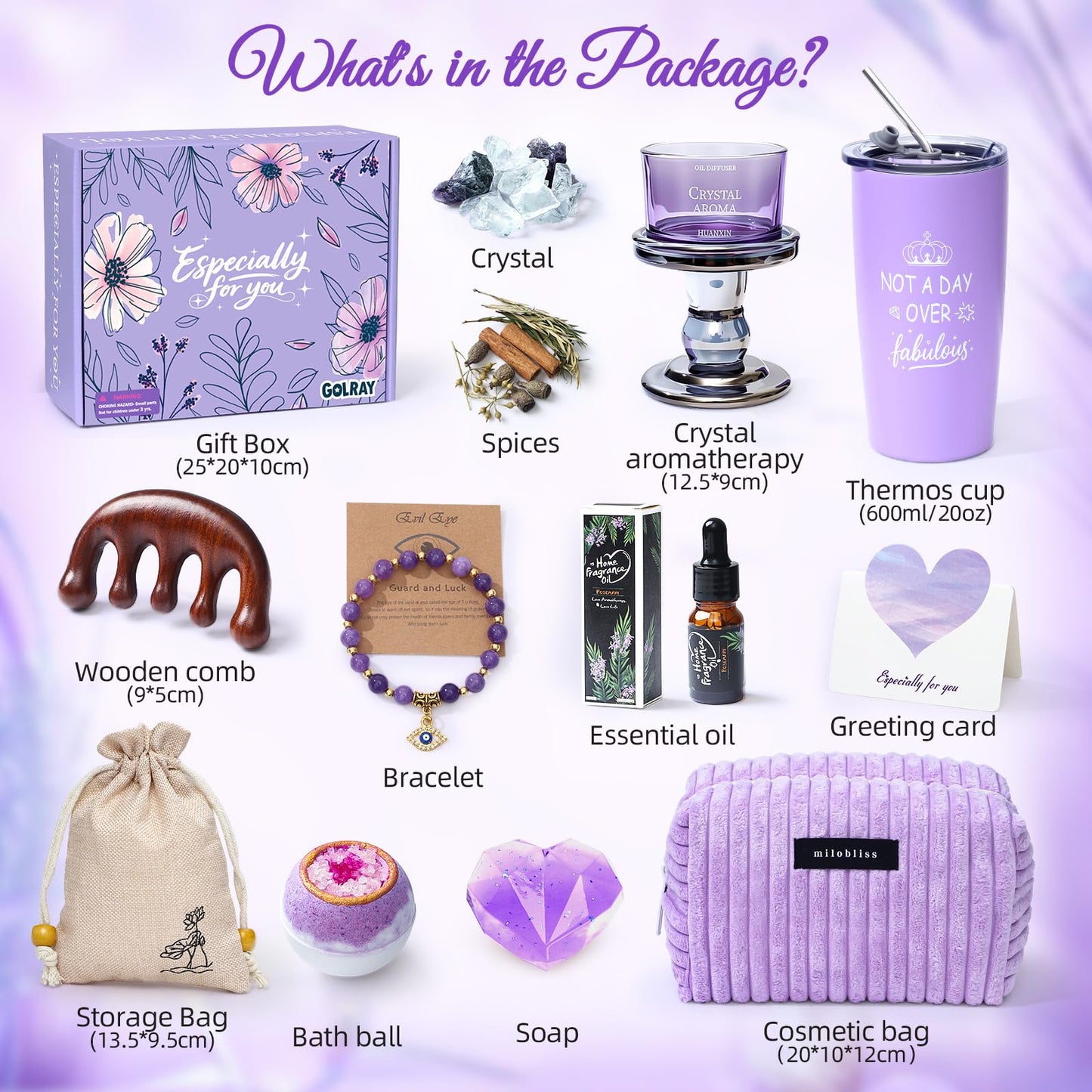 Golray Lavender Gifts for Women Friendship Gift Basket, Purple Dream Healing Fireless Aromatherapy/Thermos Set, 30th 40th 50th Women Self Care Spa Birthday Gifts for Her Sister Mom
