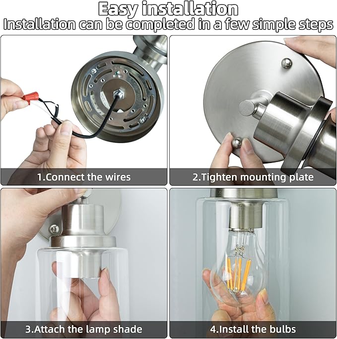 GORDNWE Set of 2 Bathroom Wall Sconce, Brushed Nickel Vanity Light, Modern Wall Light Fixture with Clear Glass Shade and E26 Bulb Base, Wall Lamp Wall Mount Light Fixtures for Mirror, Bedroom