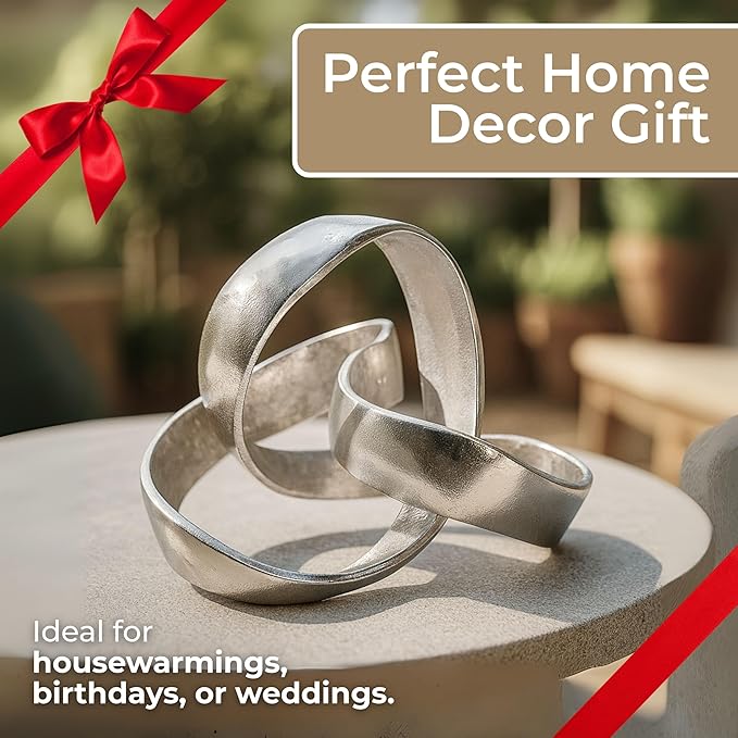 Metal Decorative Object – Minimalist Shelves & Coffee Table Decor – Aluminum Knot Sculpture Modern Home Decor for Office, Bedroom & Living Room – 8" x 7", Silver