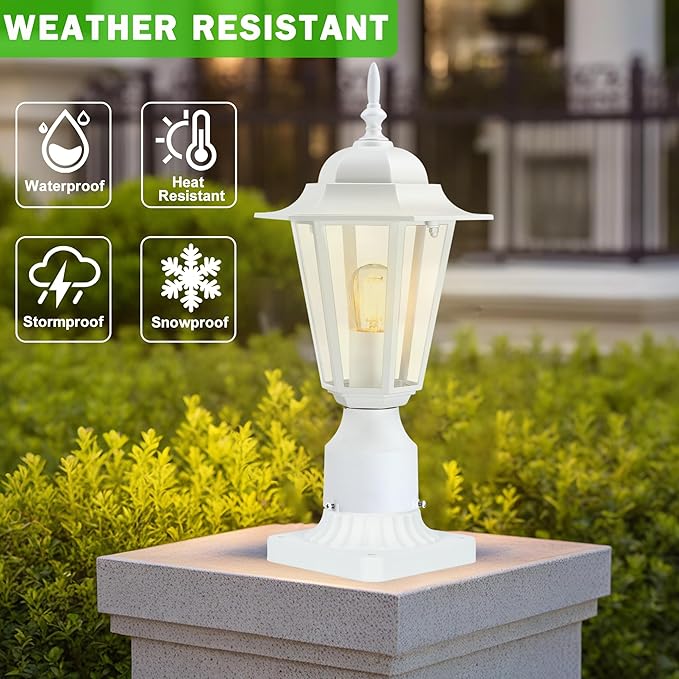 Outdoor Post Light, Pole Lantern, Waterproof Die-Cast Aluminum Pole Light Fixture with Glass, Exterior Post Lamp for Garden Yard Patio Pathway, Matte White, 1-Pack